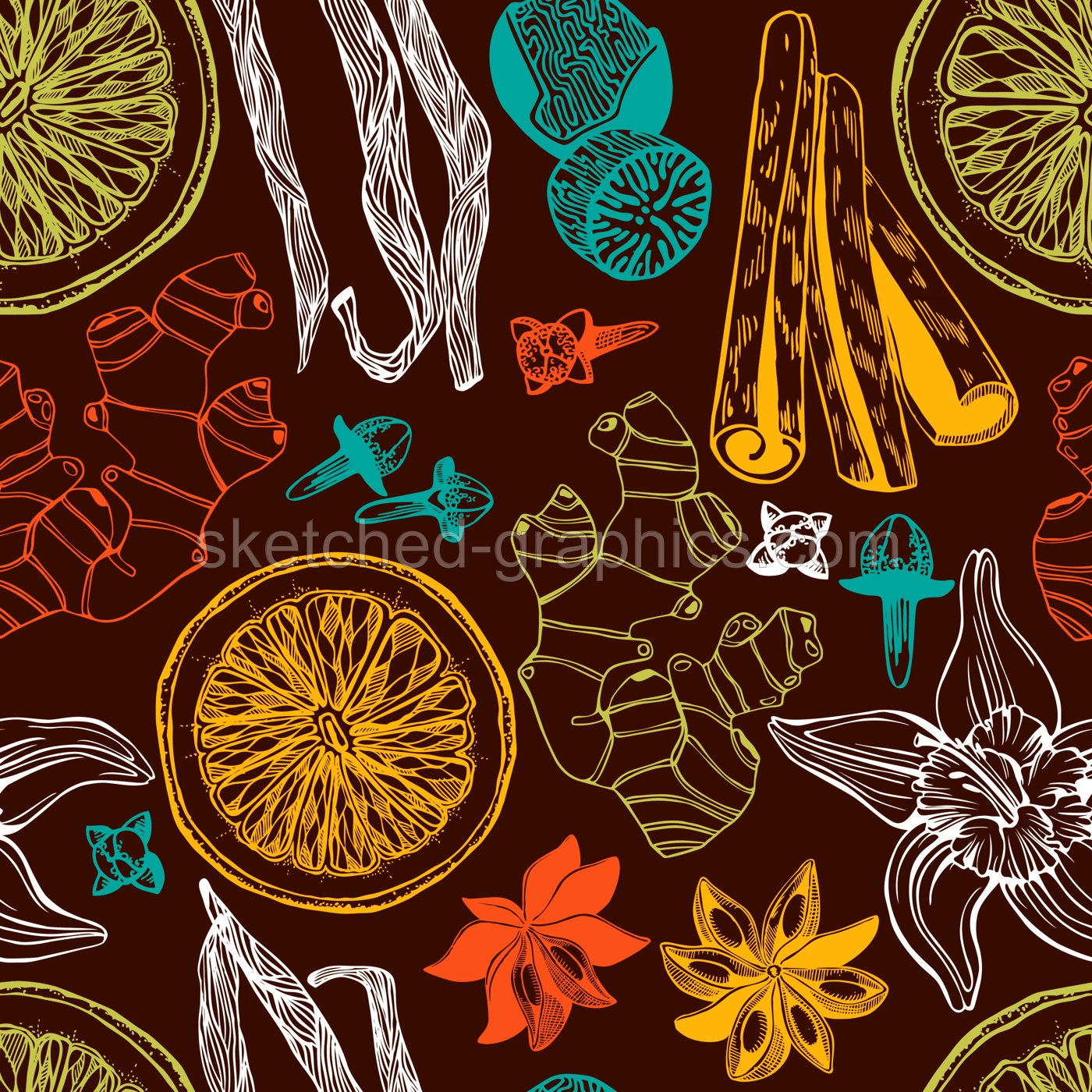 Hand-drawn herbs and spices background. Vinatge food seamless pattern. Kitchen spices sketches - cinnamon, vanilla, cloves, nutmeg, ginger.. NOT AI generated Illustration